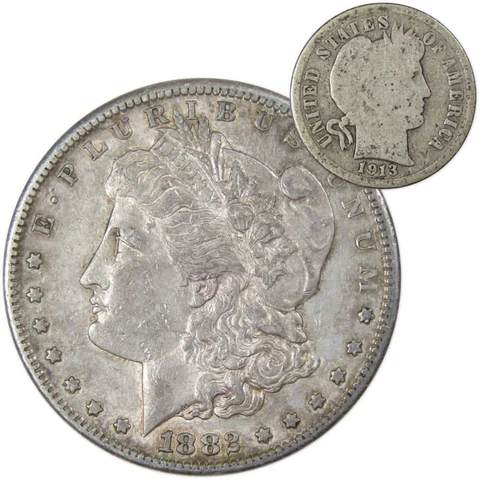 1882 S Morgan Dollar XF EF Extremely Fine with 1913 Barber Dime G Good Cover
