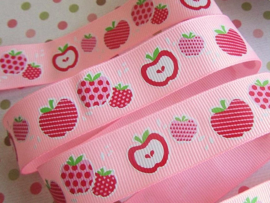 Cinta de fruta de 7/8" con estampado de grosgrain rosa/rojo/verde de 10 yardas/artesanía/recorte R13-Apple Foto 1 de 1
