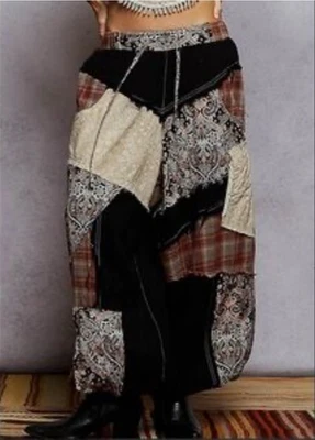 POL OVERSIZED Medium Patchwork Boho Lace Black Brown Tan Joggers Pants NWOT - Image 1 of 4