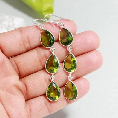 Green Peridot Gemstone Handmade 925 Sterling Silver Jewelry Earring Size-3" - Image 1 of 4