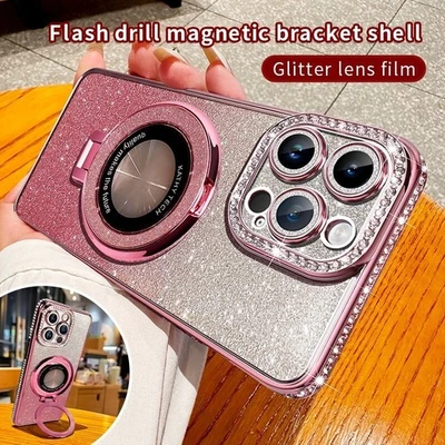 For Various Phone Magnetic Holder Case Glitter Diamond Cover Bracket Women Girls - Image 1 of 4