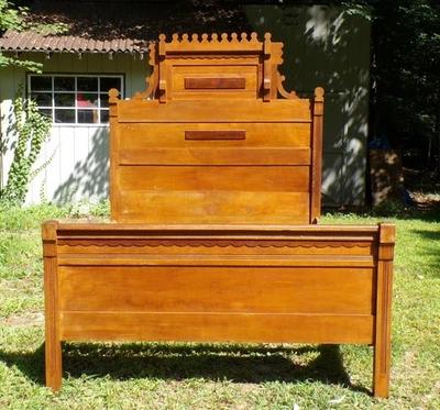 Antique Victorian Country Cottage Farmhouse Oak Double Full Bed Frame 19th C. - Image 1 of 4