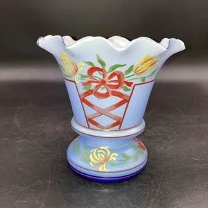 Art Glass Vase Made In Poland 6x6.5" Ruffled edge Hand painted Blue - Picture 1 of 10