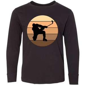 Inktastic Hockey Retro Sunset Youth Long Sleeve T-Shirt Stick Boys Mens Vintage - Picture 1 of 2