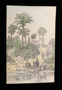 Vtg Art Pen Drawing Hand Colored "On the Old Canal at Cairo" Beautiful Artwork - Picture 1 of 16