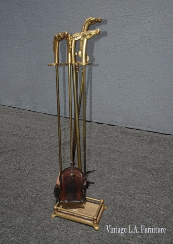 Vintage French Country Brass Fireplace Tool Set W Horses Head Handles Cover