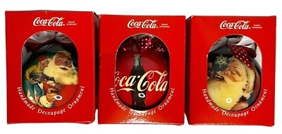 Coca-Cola 1993 Hecho a Mano Decoupage Adornos 3" Bola Lote de 3 Botellas de Coca-Cola de Santa Coca-Cola Foto 1 de 4