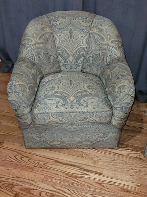 ETHAN ALLEN Swivel Club Chair Green Paisley Pattern  - Image 1 of 4
