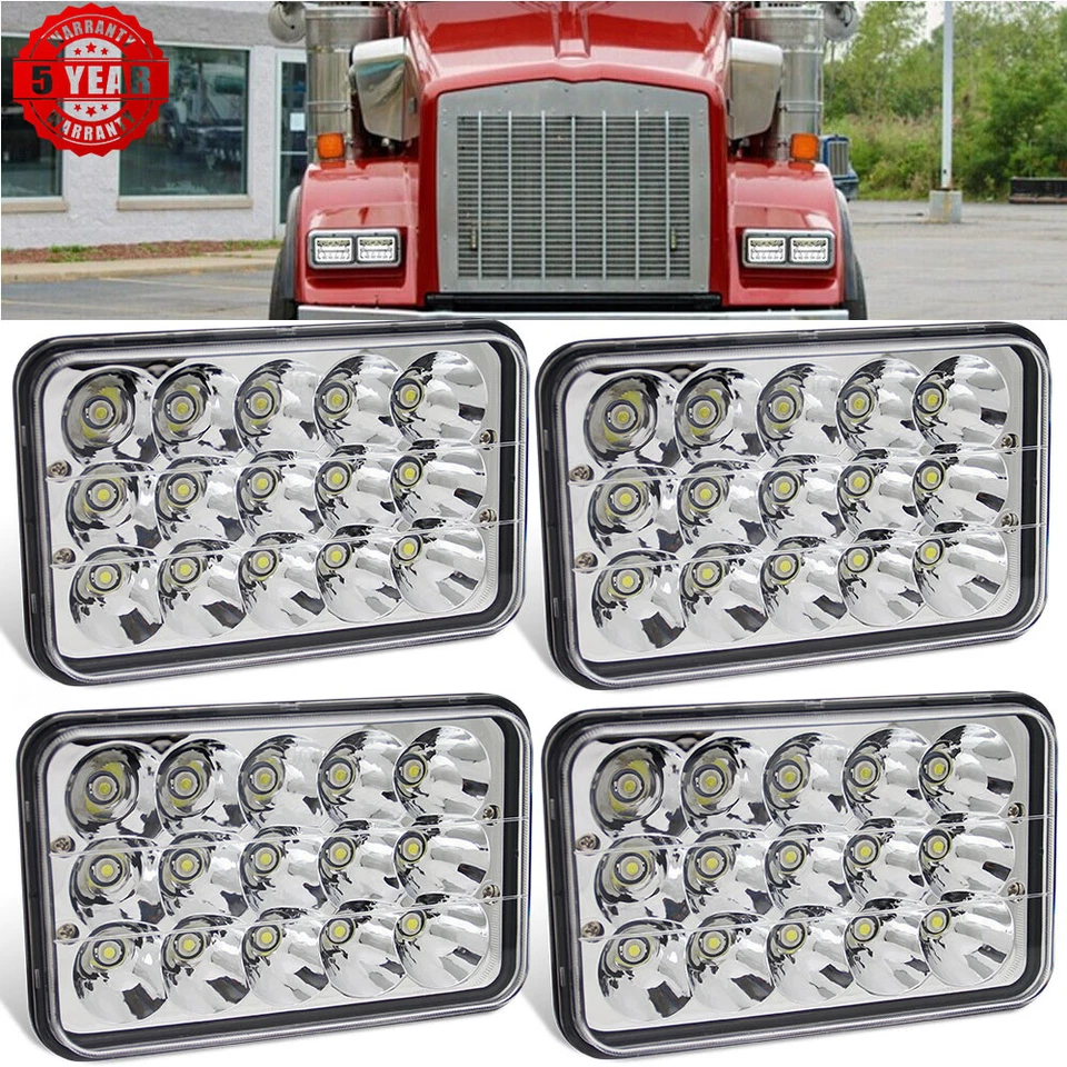 Fit International Harvester 9300 1988-2000 4x 4x6" Chrome LED Headlights Hi/Lo - Image 1 of 4