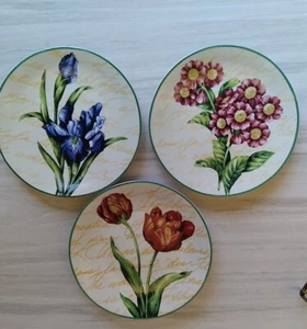 3 Floral Decor Flowers Plates Iris Tulip Floral Green Trim Plate 8” - Picture 1 of 6
