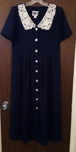 EJM Classic Navy Blue Button Down Dress With White Lace Collar - Picture 1 of 4
