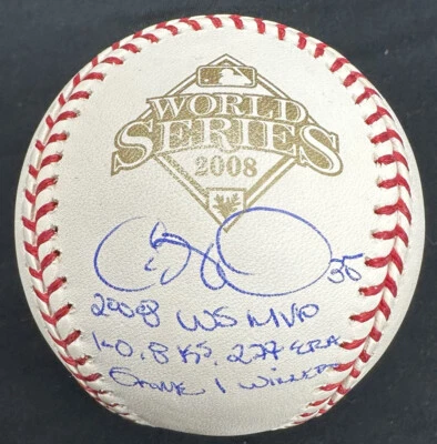 Cole Hamels 2008 Serie Mundial Jugador Más Valioso Firmado 08 WS Logo Beckett Wit Foto 1 de 2