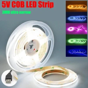 COB LED Strip Light DIY Lighting Flexible Tape Lights 3mm Monochrome With USB V5 - Picture 1 of 19