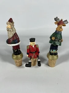 Christmas Wine Corks Stopper 3 Santa Nutcracker Reindeer Bobble Heads - Picture 1 of 5