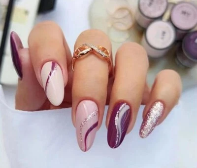 CIORGLOW Press On Medium Almond Fake False Nails Purple Pink Glitter Nail Sparkles 24pcs