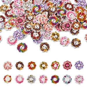 100pz Bottoni in legno fiore 2 fori colori misti stampati decorativi 19x3mm - Foto 1 di 5