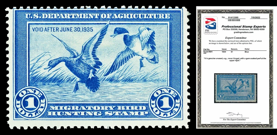 Scott RW1 1934 $1.00 Duck Stamp Mint Fine OG NH Cat $775 with PSE CERTIFICATE - Image 1 of 1