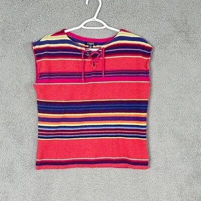 Camisa Chaps Denim feminina média rosa azul listrada sem mangas mistura de linho gola gravata - Imagem 1 de 4