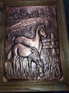 Vintage German Embossed Copper Plaque Relief Of Horses - Picture 1 of 2