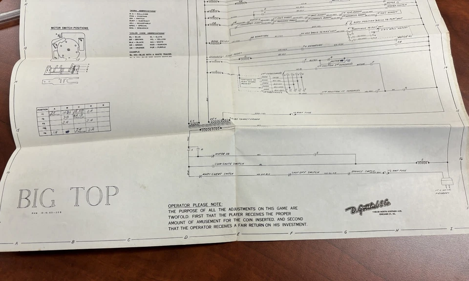 ORIGINAL-GOTTLIEB-PINBALL-BIG TOP-SCHEMATICS - Image 1 of 1