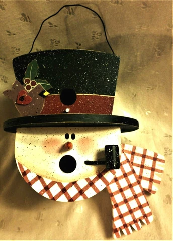 NWT Hanging Double Birdhouse-Wooden Snowman, Pipe, Top Hat-13"T w/Wire Hanger Cover