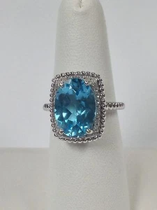 Natural Blue Topaz with Natural Diamond Ring 925 Sterling Silver - Picture 1 of 4