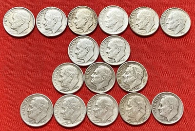 Lot Of 16 Roosevelt 900 Fine Silver Dimes All Late 1950’s Nice Condition 1956-59 - Image 1 of 2