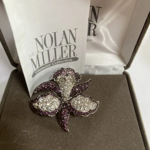NOLAN MILLER Orchid Flower Pin Brooch, Vintage, Silver, Crystals *RARE* - Picture 1 of 10