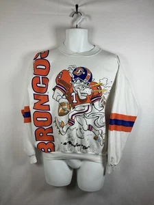 Vintage 80s 1988 Denver Broncos Jack Davis AOP White Crewneck Sweater Men’s Sz L - Picture 1 of 10