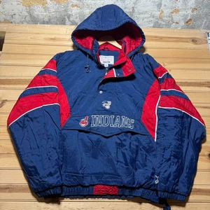 Vintage 90s Cleveland Indians MLB Embroidered Half Zip Hooded Anorak Jacket - XL - Picture 1 of 12