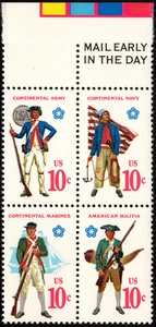 US Stamps Scott # 1565 - # 1568 # 1568a Mail Early Block of 4 Military Uniforms - Picture 1 of 1
