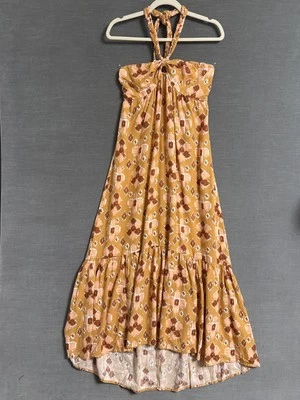 Aerie Dress M Yellow Brown Sleeveless Halter Boho Ruffle Tier Summer Beach Midi - Image 1 of 4