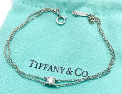 Brazalete Tiffany & Co Platino Diamante Solitario Doble Cadena 6.5" Foto 1 de 4