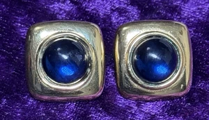 Monet Blue Glass Cabs Earrings Square Gold Tone Vtg Gripoix Signed Jewelry - Picture 1 of 7