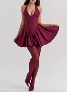HOUSE OF CB Valentia Wine Halter Mini Dress Size L Orig. $255 NEW - Picture 1 of 6