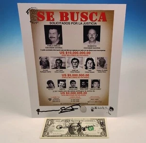 Pablo Escobar Wanted Poster $1 Bill Roberto Autograph Signed Fingerprint Narcos - Picture 1 of 13