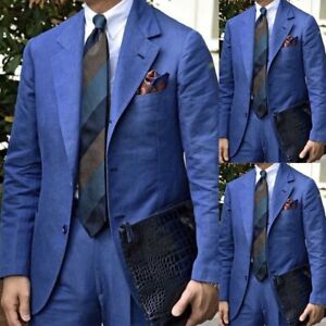 Fashion Blue Men's Solid Suit 2 Piece Single-Breasted Business Banquet Custom