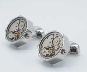 Steampunk Cufflinks | Wind Up Moving Mechanical Watch Parts Cogs | Gift in Box - Picture 1 of 9