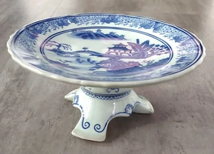 Vintage Chinese Tazza Blued Porcelain Footed Pedestal Plate - Picture 1 of 4