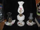 Vintage Japan 3 Porcelain Oil Lamps Hand Painted Pink Flowers All Very Good Cond