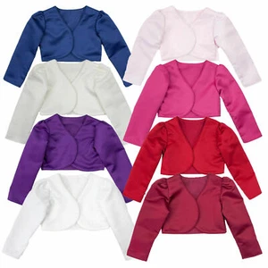 Girls Bolero Cardigan Shrug Long Sleeve Wedding Flower Girl Christening - Picture 1 of 7