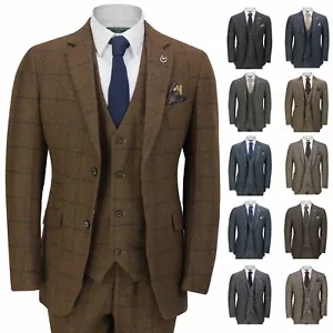 Mens 3 Piece Tweed Suit Herringbone Check Retro Peaky Blinders Tailored Fit - Picture 1 of 76