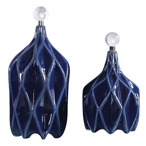 Embossed Modern Dark Blue Decorative Bottle Set 2 Ceramic Finial Diamond Cobalt
