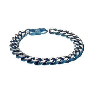 Stainless Steel Thick Two Tone Curb Chain Bracelet with Blue IP - 8.5" - Picture 1 of 10