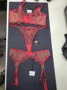 New Honey Birdette 3 Pc Red Lingerie Set Size 38C/XLarge - Picture 1 of 13
