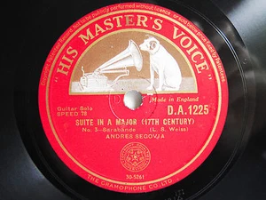 78rpm ANDRES SEGOVIA (Guitar Solo) plays WEISS SUITE 17th CENTURY - HMV TOP ! - Imagen 1 de 2