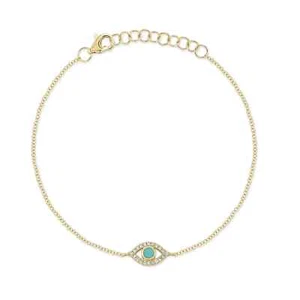 14K Yellow Gold Turquoise Diamond Evil Eye Bracelet Natural 0.13 TCW - Picture 1 of 3