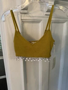 Tularosa Crop Top With Beaded Trim Adjustable Spaghetti Straps Mustard Size XS - Picture 1 of 10