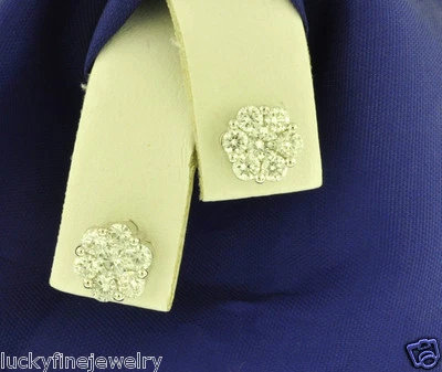 1.15 ct 14k White Gold Natural Diamond Stud Earring Round Invisible Set cluster - Image 1 of 3