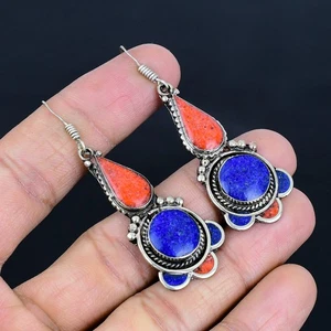 Lapis Lazuli Red Coral Ethnic 925 Sterling Silver Tibetan Nepali Earring 2.7" E2 - Picture 1 of 9